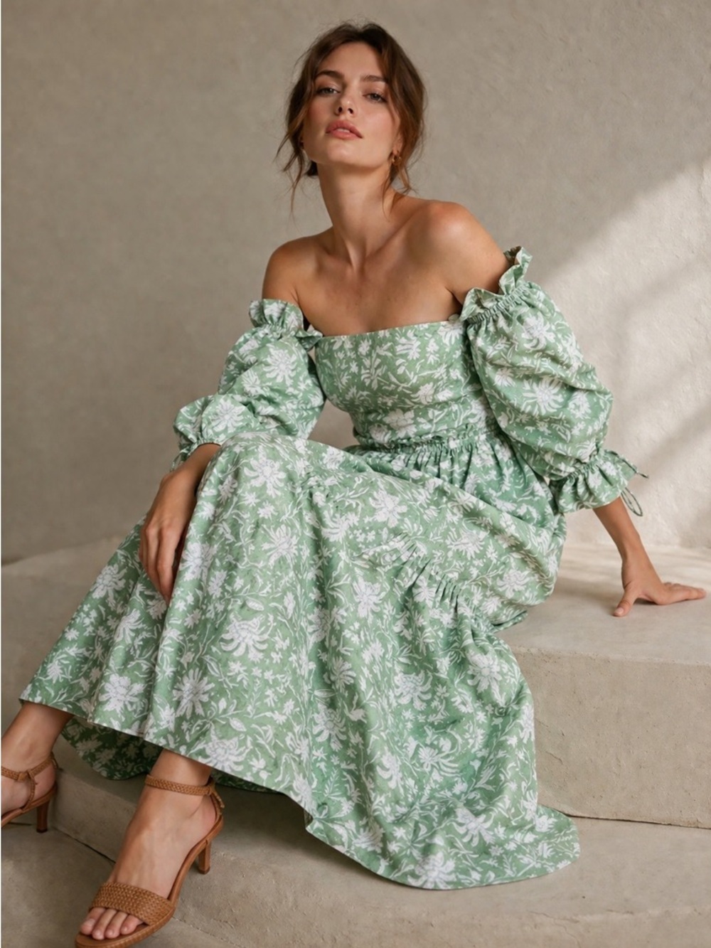 EDDY Olivia Midi Dress Green Ivory Floral Puff Sleeve Bow Back NWT Size S